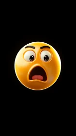 Shocked 3D emoji face glows against deep black background