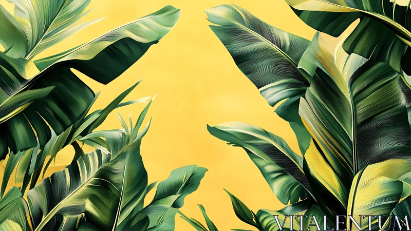 Sunlit banana leaves dancing against citrus sky backdrop.