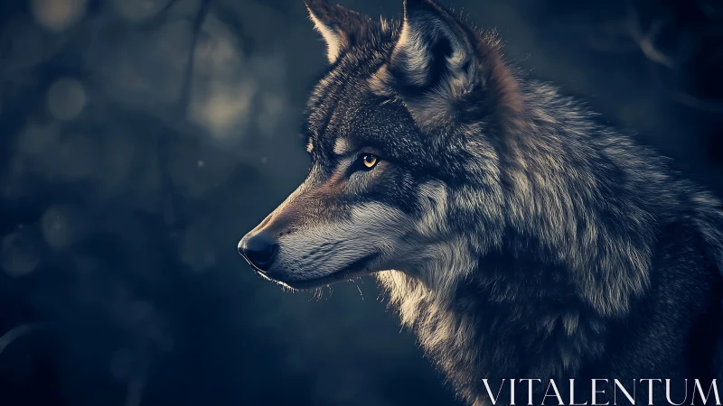 Lateral wolf portrait in low key, bokeh forest background.