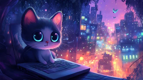 Curious neon-eyed kitten exploring a dreamlike cityscape.