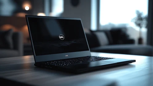 Sleek laptop resting in a calm, softly lit modern workspace.