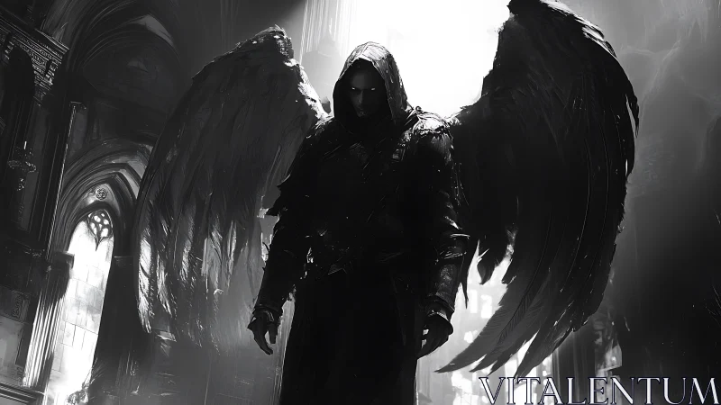 Shadow-winged harbinger stalks light-drenched cathedral halls.