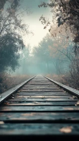 Misty forest railway leading through soft autumn haze.