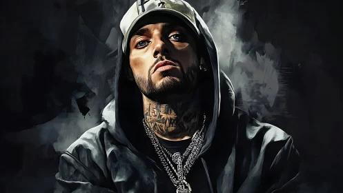 Hooded male portrait in digital stylized rendering artwork.