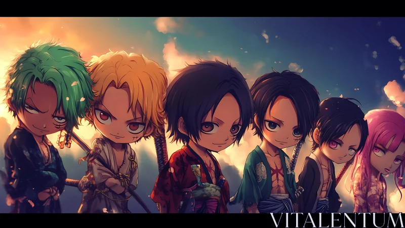 Group of stylized chibi swordsmen stand in sunset lighting