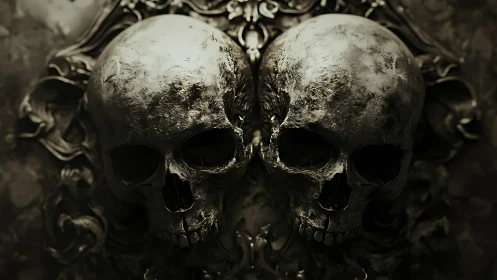 Twin metallic skull reliefs with baroque ornamental framing.
