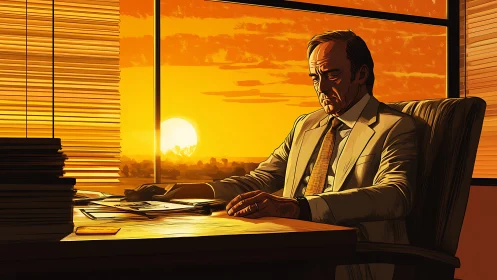 Sunset-weary executive drifting through a golden office hush.