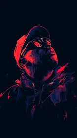 Neon-contoured portrait of hooded figure in upward gaze.