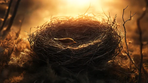 Sunlit woodland cradle holding a lone resting songbird.