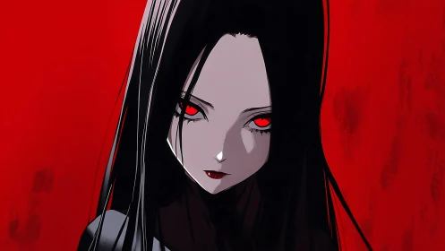 Dark anime girl stares forward against a vivid blood-red void