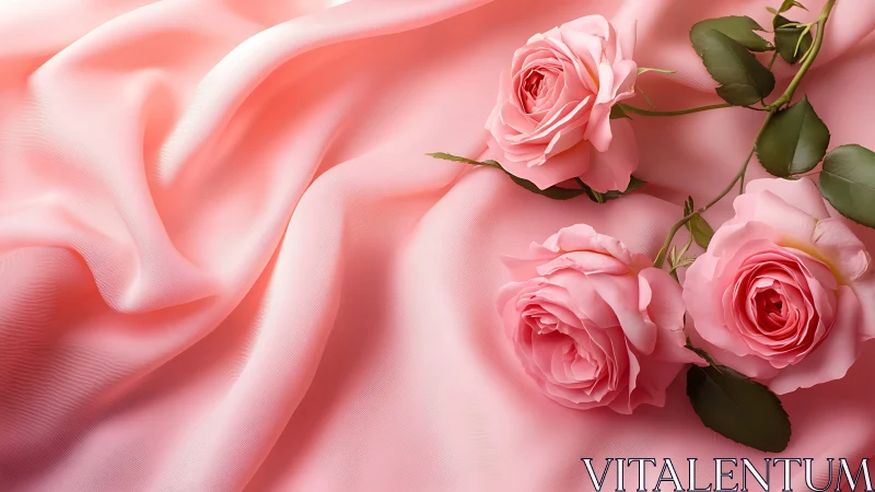 Pink Garden Roses on Silken Fabric with Emerald Foliage.