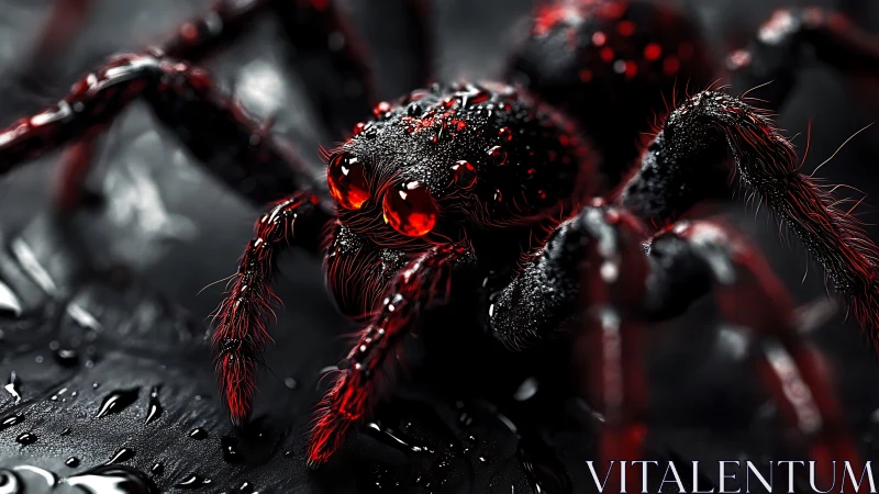 Red-eyed macro spider glows over slick wet surface.