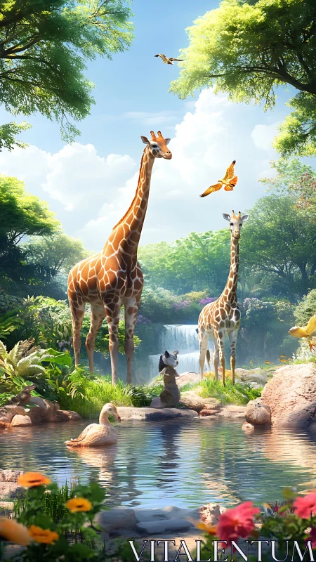 Sunlit giraffe lagoon where tall dreamers share the sky.