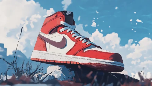 Red high-top sneaker dominates stylized outdoor sky scene.