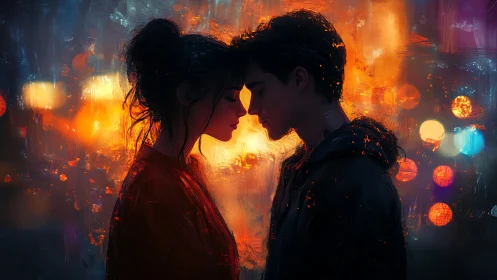 Two figures locked in intimate proximity against luminous urban backdrop.