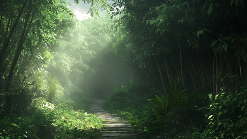 Wooden boardwalk path through dense bamboo forest with filtered sunlight