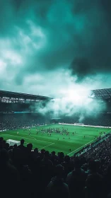 Football stadium crowd under dense clouds and field smoke.