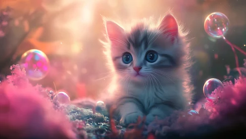 Ethereal Kitten Surrounded by Iridescent Bubbles and Cosmic Light.