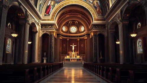 Grand cathedral nave glows with warm gilded morning light.