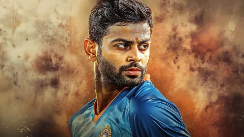 Storm-eyed cricketer slices through swirling bronze clouds