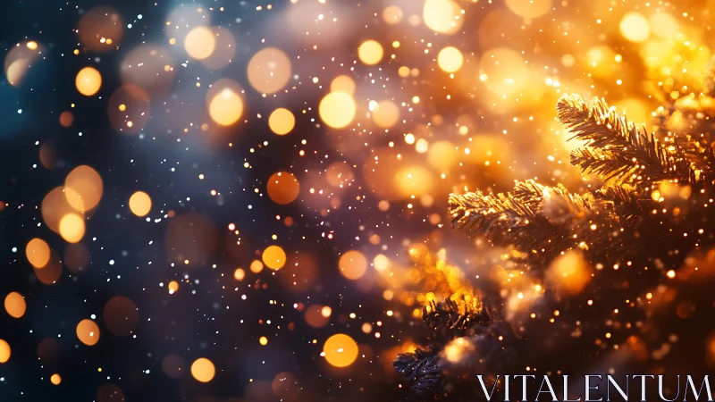 Snowlit evergreen sparks under drifting golden bokeh glow.