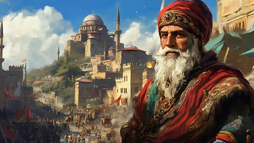Digital painting of Ottoman dignitary before grand citadel.