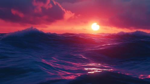 Crimson sunset waves cradling a glowing peaceful horizon.
