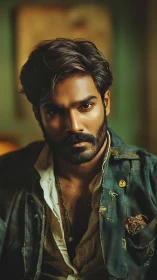 Brooding man in worn jacket stares intensely through warm light