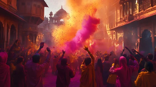 Holi street erupts in blazing clouds of color and joy.