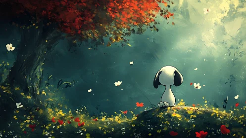 Small white dog gazes at dreamy forest clearing in awe.