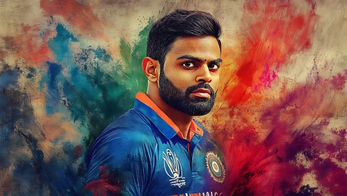 Cricket warrior ignites against a storm of swirling color.