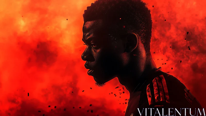 Profiled footballer silhouette in red particulate atmosphere.