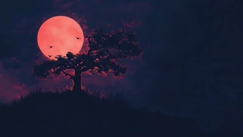 Digital painting of lone tree silhouette against crimson moon.