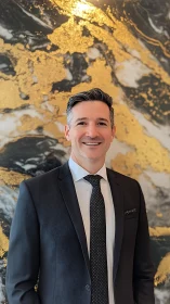 Poised professional smiling against luminous gold marble backdrop.