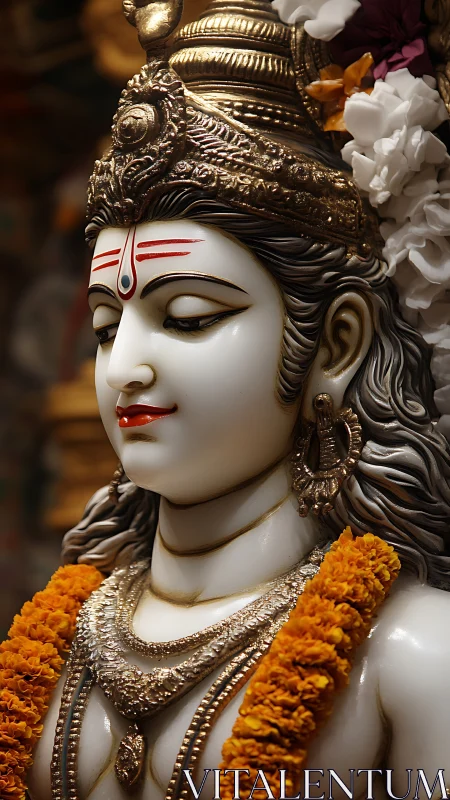 Serene Shiva idol gleams in warm temple garland light
