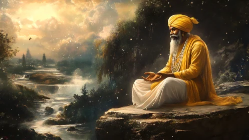 Meditative ascetic in luminous riverine cosmoscape, high detail.