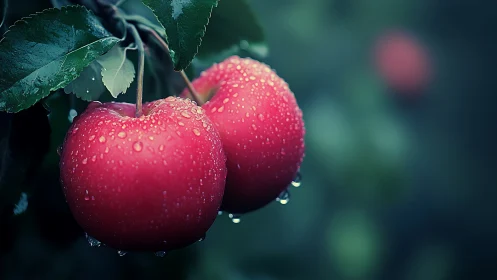 Dew-kissed red apples in cool-toned orchard macro study.