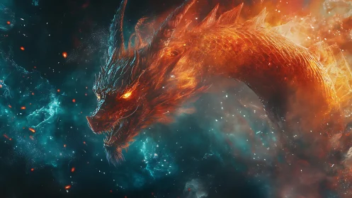 Blazing cosmic dragon coils through glowing nebula skies