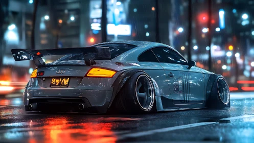 Widebody sports coupe glides through neon-lit rainy city street