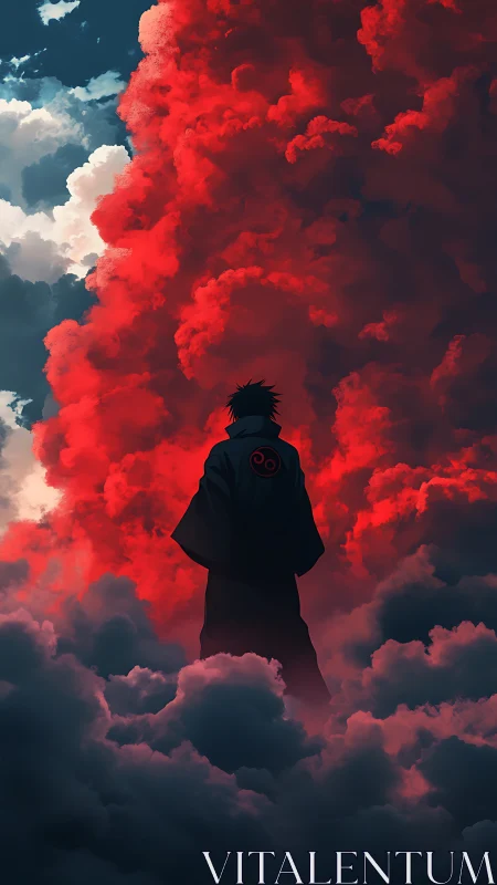 Backlit anime silhouette framed by volumetric red storm clouds