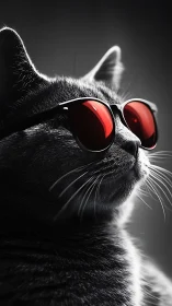 Cybernetic Feline Portrait with High-Contrast Red Lenses.