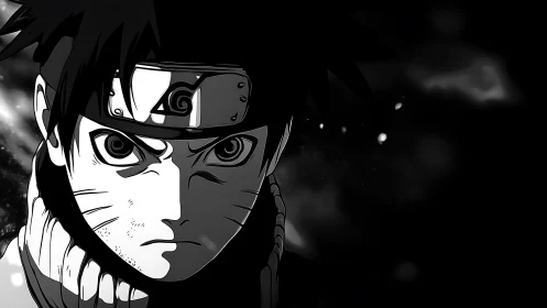 Determined ninja portrait contrasts stark light and darkness