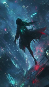 Cyberpunk silhouette over neon rain cityscape at night.