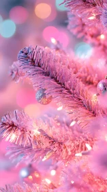 Dreamy pink Christmas tree glowing with cozy holiday light.