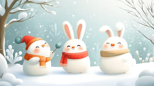 Snowy bunny trio giggles through a soft pastel winter dream.