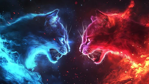 Dual Fire and Ice Feline Heads in Cosmic Battle