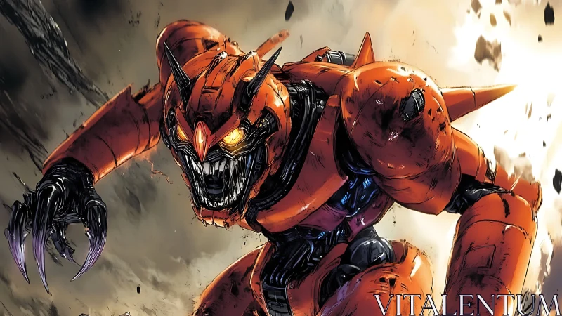 Rampaging orange mech monster lunges through exploding debris