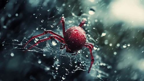 Red spider clings to wet web under heavy falling raindrops