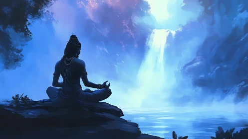 Silhouetted seated figure observes illuminated waterfall basin