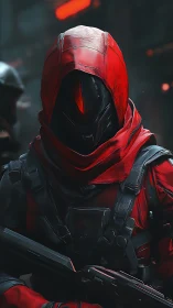 Crimson visor sentinel stalking neon alleys between wars.